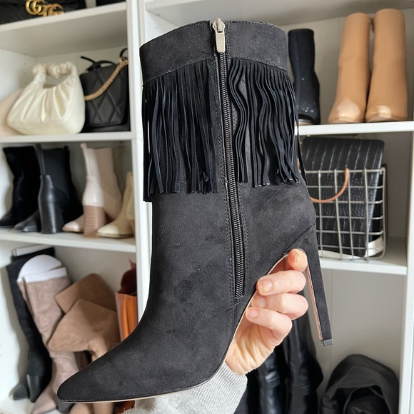 NWT Nine West Black Fringe Western Boots Boho Faux Suede Heels - Picture 6 of 13